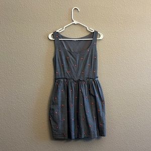 Denim colored gap mini dress with raised coral polka dots.